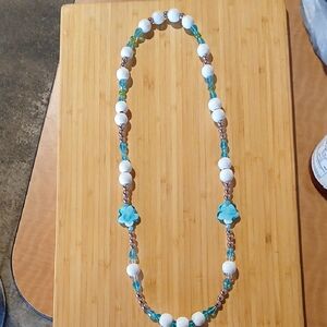 Elegant White and Blue Flower Beaded Necklace